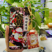 kawaii lucky cat phone case with holder pendant and good luck charm